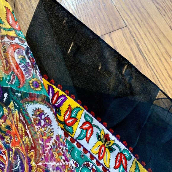 Bright Paisley Floral Mandala Square Poly Scarf With Black Sheer Border Vintage - Picture 3 of 4